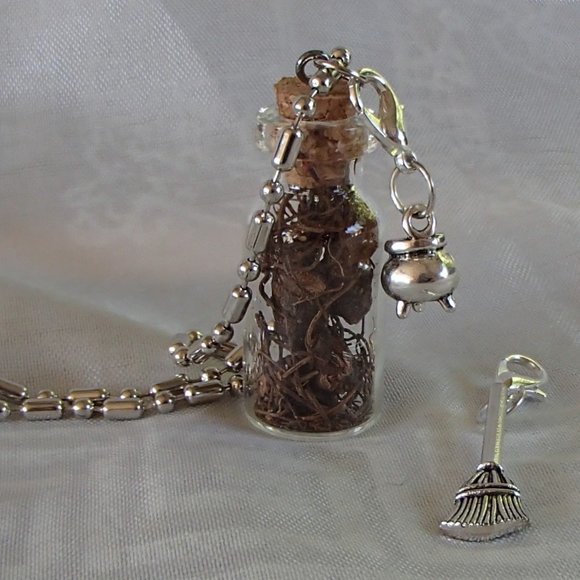 Blood Root Witch 3D Cauldron Broom Glass Bottle Necklace Zip Pulls Handcrafted - Picture 1 of 14
